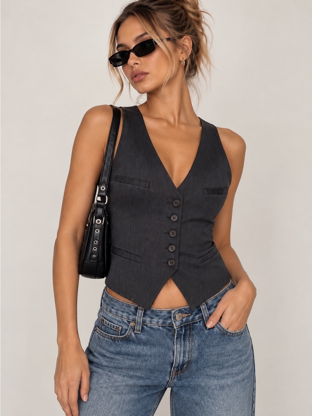 THE ORIGINAL,INC Tailored Black Pinstripe Vest Classic Waistcoat Y2K Vintage